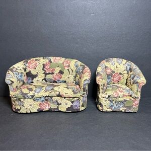 Vintage Bespaq Miniature Floral Print Sofa & Club Chair Dollhouse Furniture Set